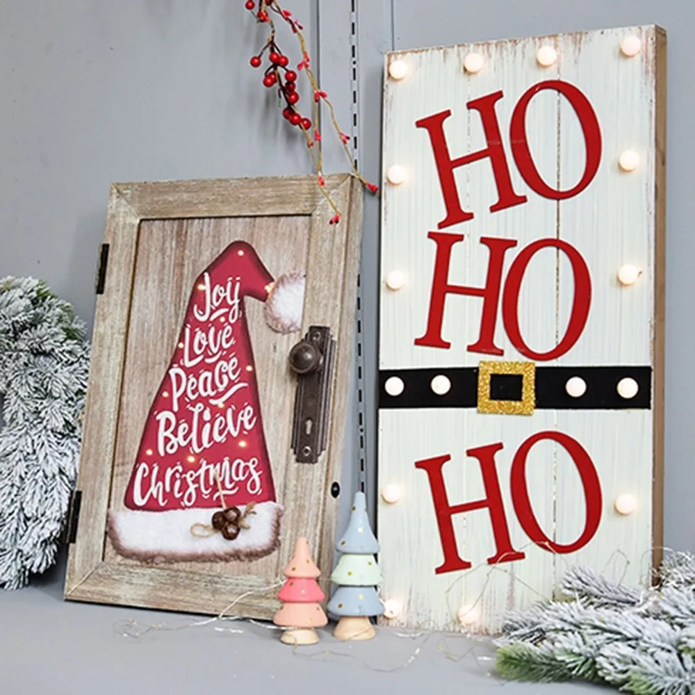 Christmas Door Hanging Plate Board Creative Hat Wall Ornaments Personality Letter Pattern Wooden Lights | Дом и сад