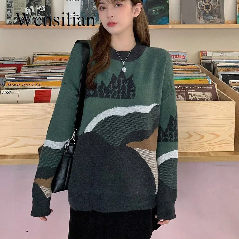 

Winter Sweater Women Pullover Round Neck Korean Fashion Retro Casual Long Sleeve Top Preppy Style Knitted Sweater Loose Jumper