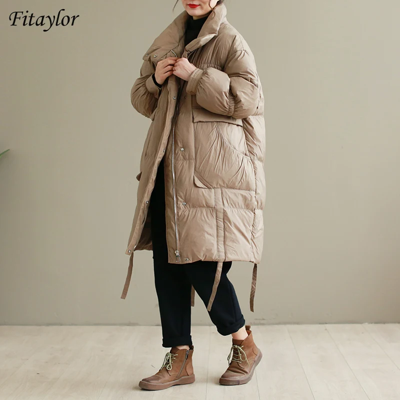 

Fitaylor Winter Oversized Light Feather Long Jacket Women 90% White Duck Down Coat New Vintage Loose Parker Fluffy Warm Outwear