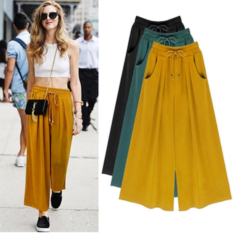 

Женская мода 2021, Длинные повседневные Летние однотонные свободные брюки-кюлоты со средней талией и эластичным поясом, укороченные брюки