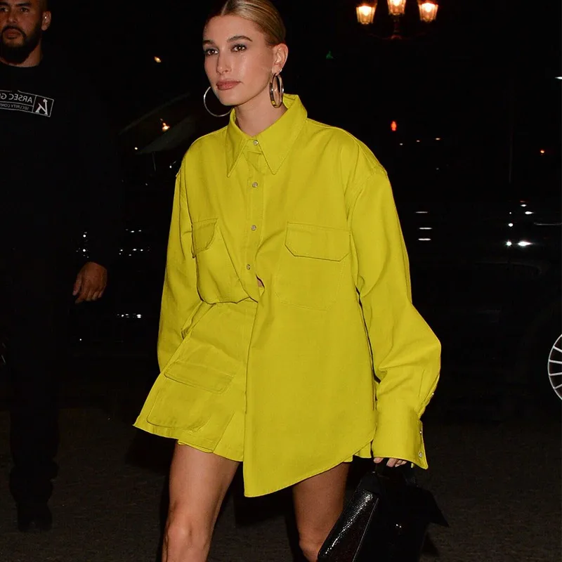 Fashion Week Trend Yellow Suit Oversize Street Photo Yellow Long Sleeve Shirt High Waist Short Skirt Women Luxury Brand Clothes