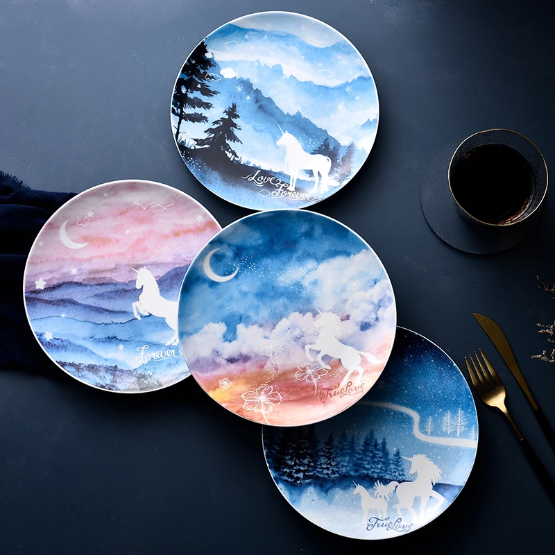 

Net red ceramic star Unicorn plate household dish breakfast plate Western food plate steak plate