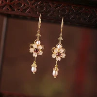chinese cloisonne enamel flower earrings pearl eardrop women vintage ethnic style ear clip dangle jewelry ear ornaments