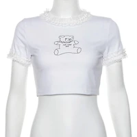 summer cute cartoon bear print round neck short sleeved lace white sexy y2k crop top ladies cotton t shirt basic casual top