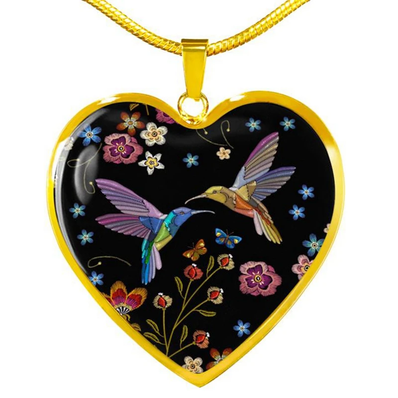 

New Arrival Hummingbird Painting Heart Pendant Necklace Beauty Birds with Flowers Jewelry Heart Necklaces