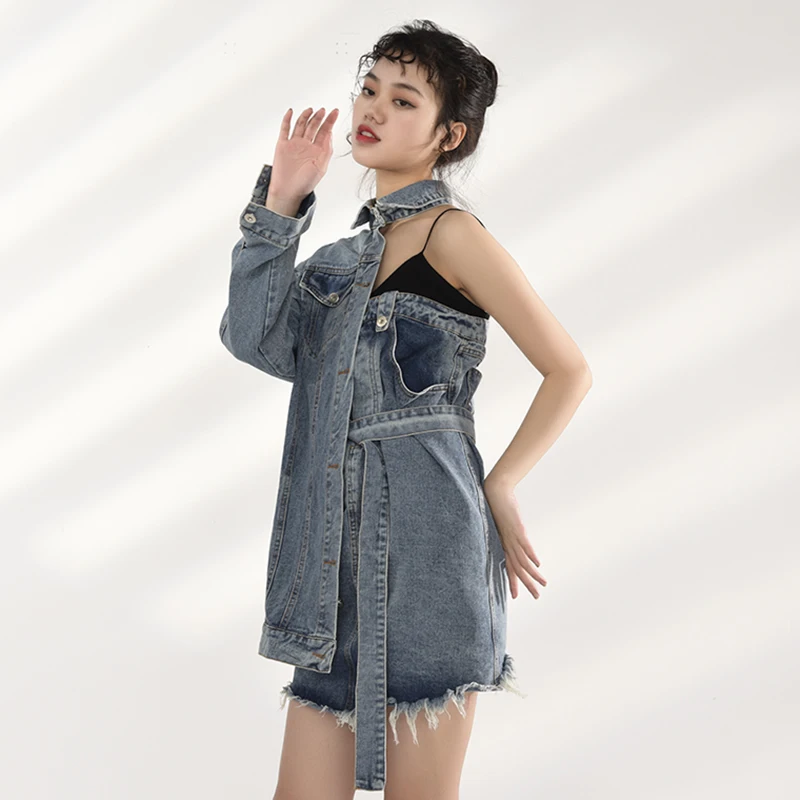 

[EAM] Loose Fit Blue Irregular Split Joint Jacket New Lapel Long Sleeve Women Coat Fashion Tide Spring Autumn 2021 WC196