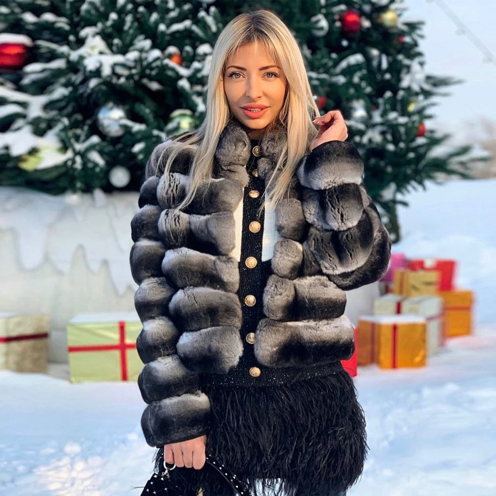 Fashion Short Real Rex Rabbit Fur Jacket Luxury Women Trendy Fur Overcoats Chinchilla Color Genuine Rex Rabbit Fur Coats Female