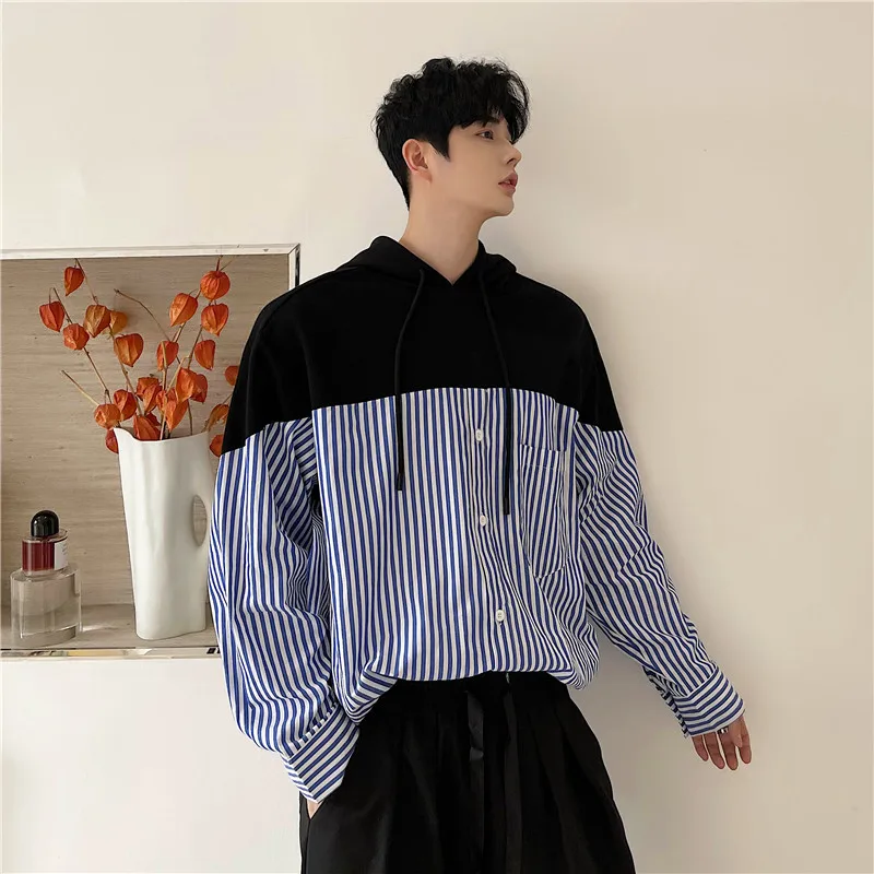 

New Men Loose Spring Long Sleeve Sweatshirts Hooded Youth Stripe Splicing Tops Patchwork Hoodie