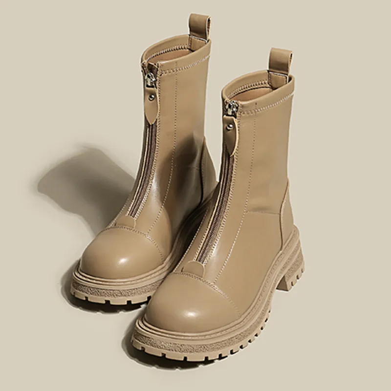 

Сапоги женские кожаные на низком каблуке, резиновые сапоги на платформе, клоги, Копытный каблук, из искусственной кожи, короткие плюшевые, д...