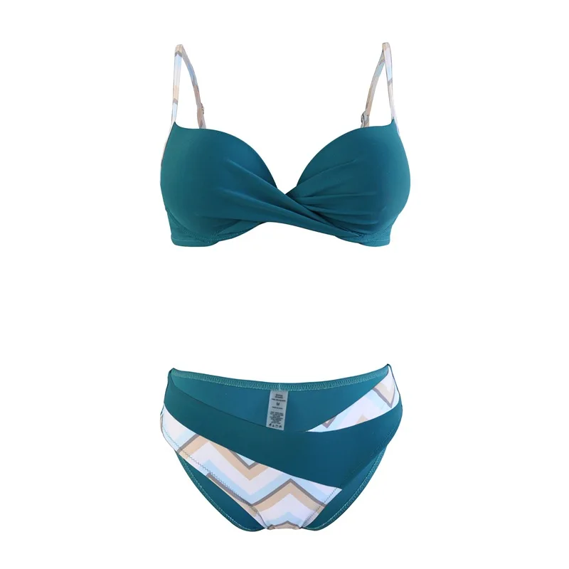 

Women Swimsuit High Waist Solid Push Up Bikini Sets Blue floral Swimwear Female with Padded Bathing Suit two piece swimsuit