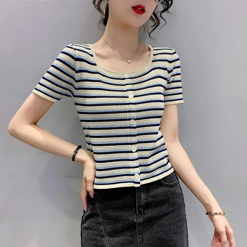 

Short sleeve ice silk knitted square collar thin women's wear new striped hollow out high waist T-shirt in spring 2021