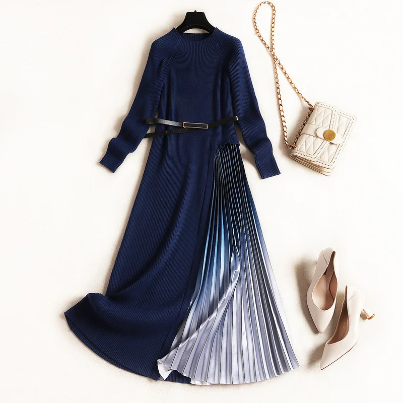 

style knitted dress 2021 spring fashion patchwork pleated skirt gradient A-line skirt