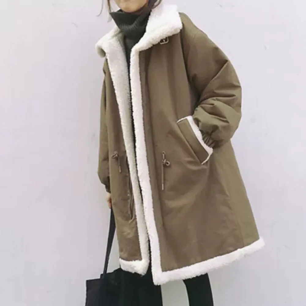 

2021 New Women Long Sleeve Cotton Padded Jacket Fashion Solid Woolen Patchwork Pocket Mid-length Zipper Casual Lapel Winter Tops