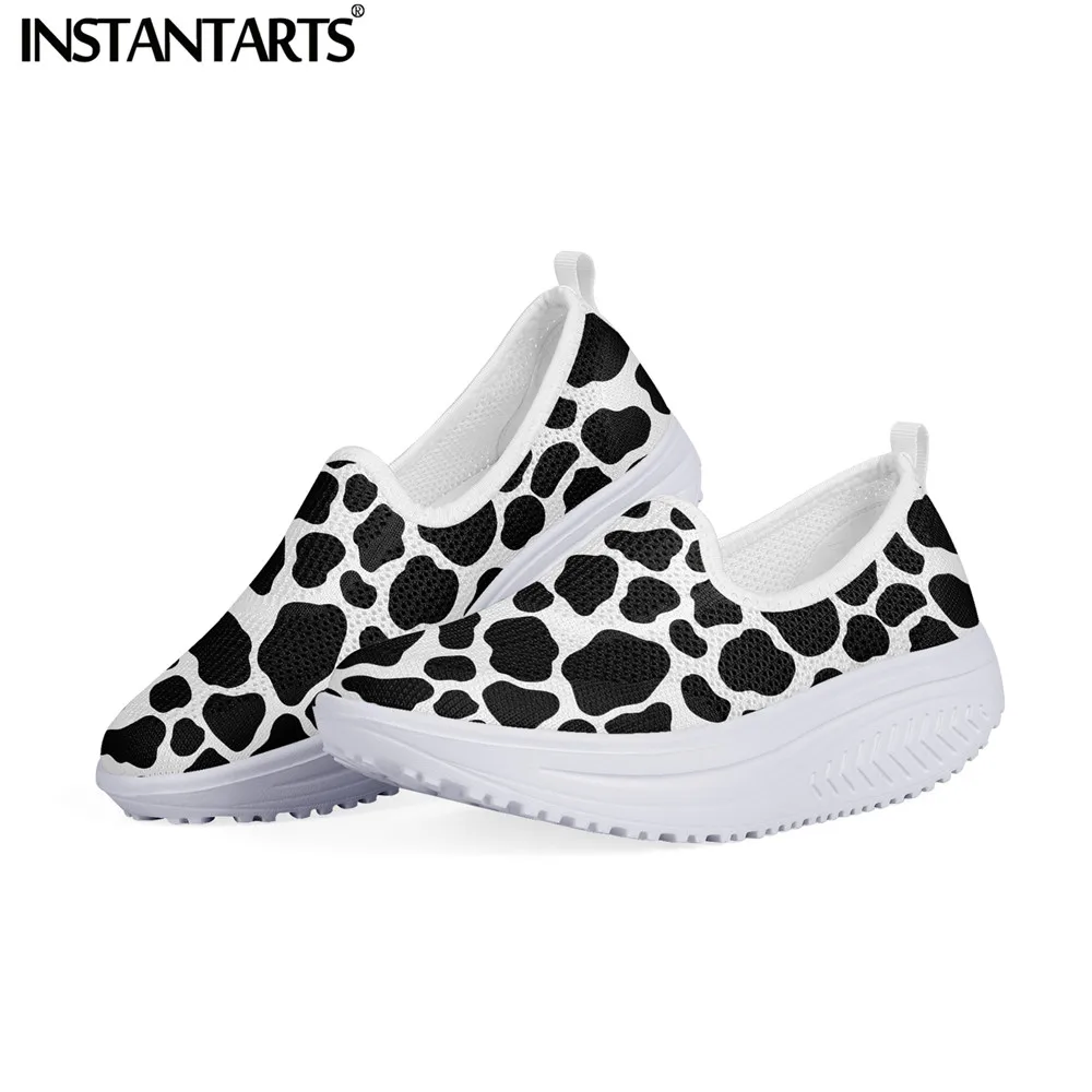 

INSTANTARTS 2021 New Girls Height Increasing Flatform Shoes Cute Cow Pattern Flat Shoes for Women Breathable Air Mesh Sneakers
