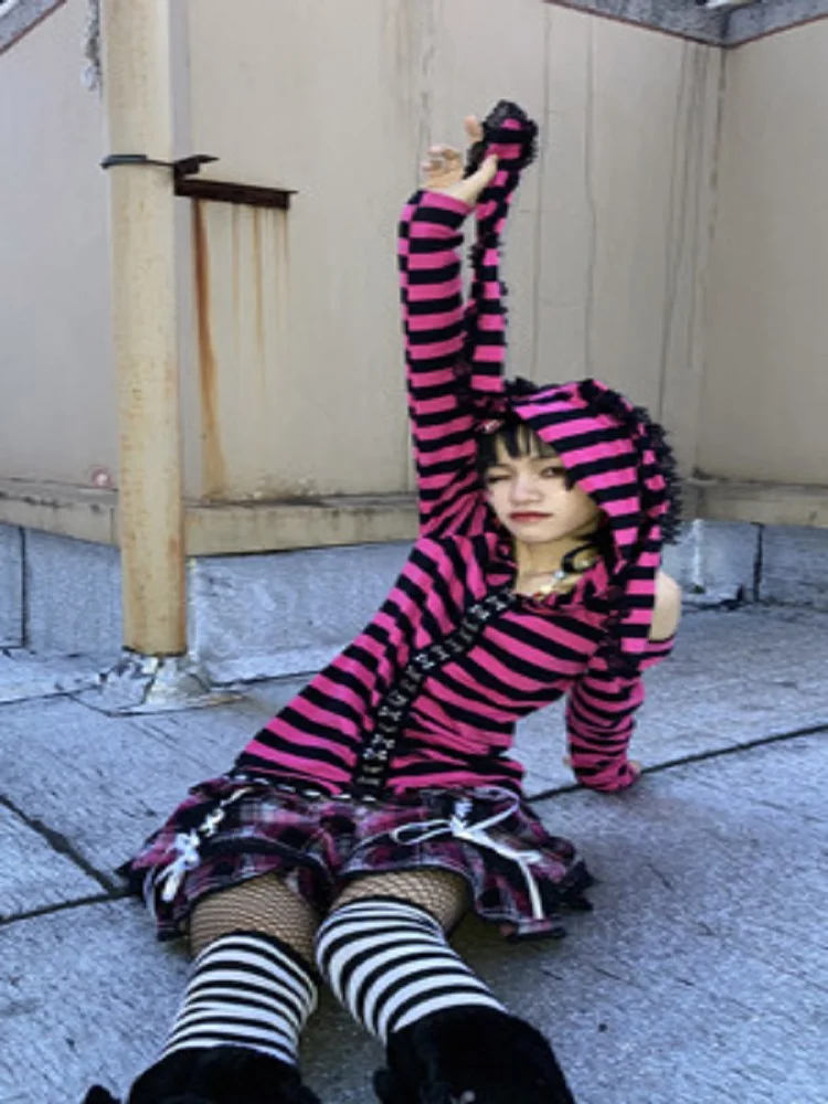 

Pink Black Striped Hoodie 2021 Harajuku Hot Girl Pink T-Shirts Japanese Sweet Print Long Sleeve Women Ears Hooded Gothic Punk