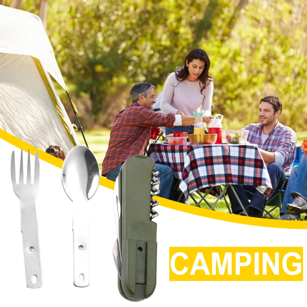 

New Outdoor Tableware Folding Fork Spoon Stainless Steel Multi-function Corkscrew Camping Hiking Travel Picnic Accessories