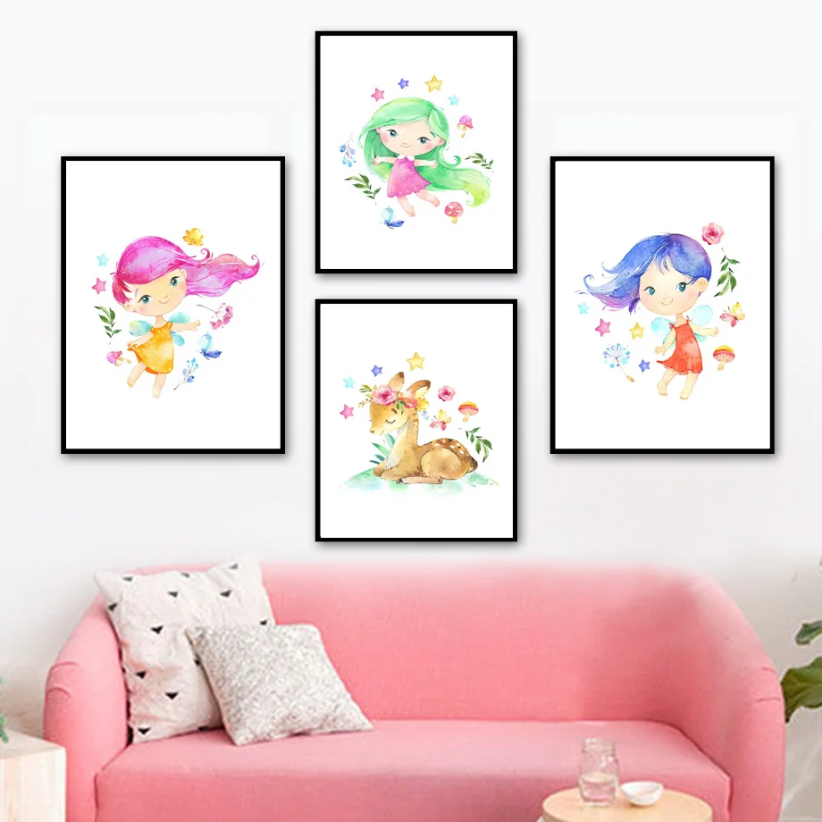 

Cartoon Girl Mushroom Deer Flower Star Wall Art Canvas Painting Nordic Posters And Prints Wall Pictures Baby Kids Room Decor