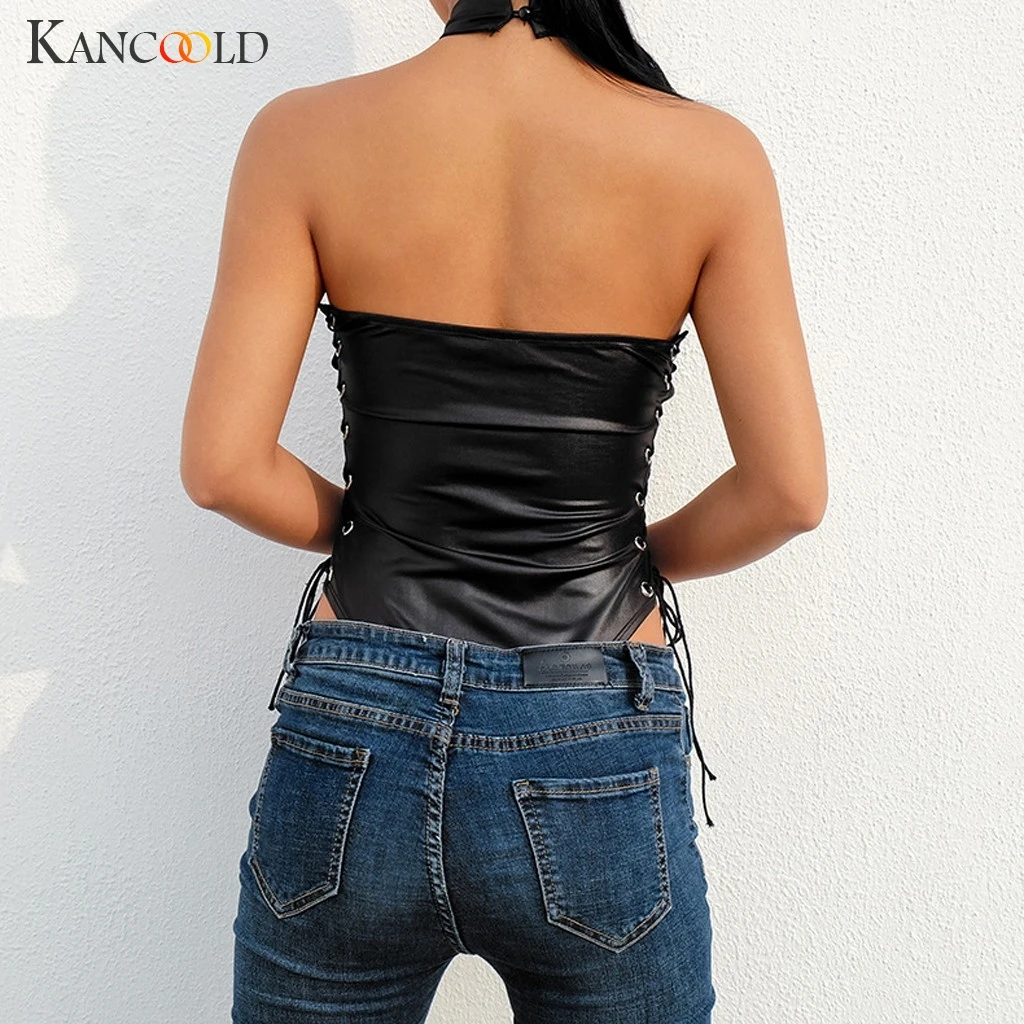 Модный женский боди KANCOOLD из искусственной кожи на шнуровке без рукавов с лямкой