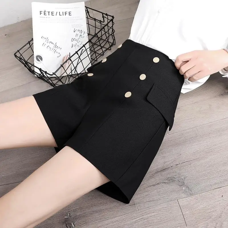 Double breasted High Waist Shorts Korean version slim pants versatile loose suit wide leg pants High Waist Shorts solid color