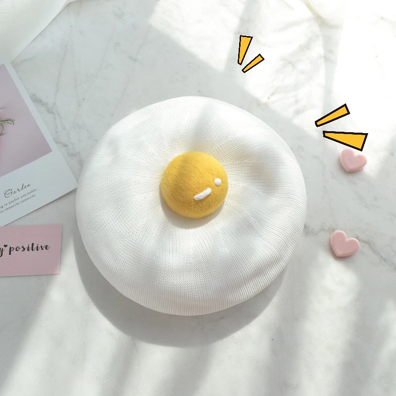 

Spring Knitted egg yolk beret women handmade breathable cute egg egg hat summer Japanese wool felt egg yolk painter hat
