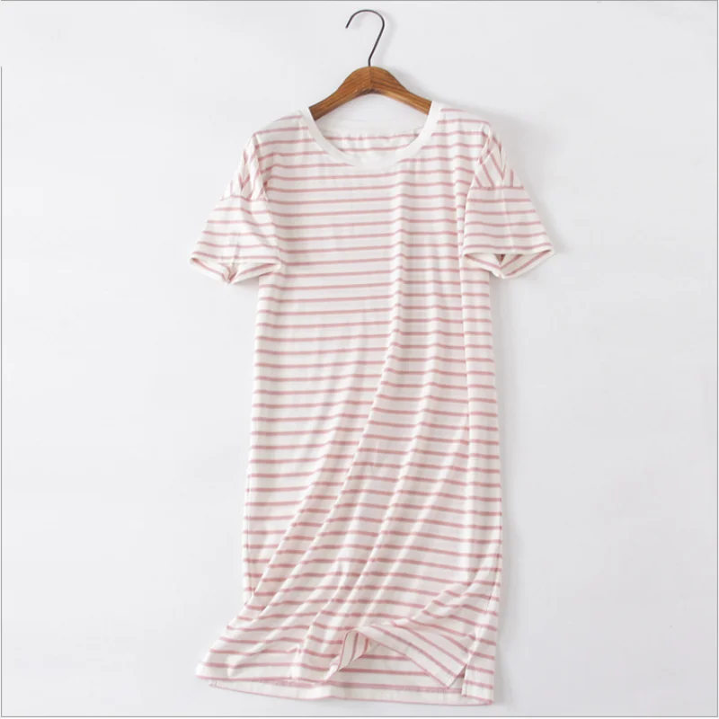 Summer Female Casual striped Nighty dress Ladies Mo Cotton Nightgown Women O-neck collar Short Sleeve Plus size sleepshirt | Женская