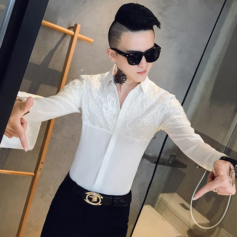 Мужская рубашка с длинным рукавом Camisa Masculina Повседневная приталенная кружевом