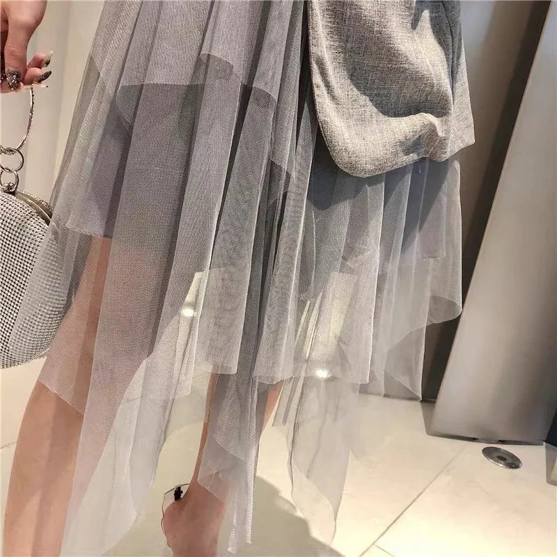 

IHOBBY Fashion Women Runway Summer Dress Fake Two Piece Set Tulle Patchwork Notched Collar Elegant OL Party Dress