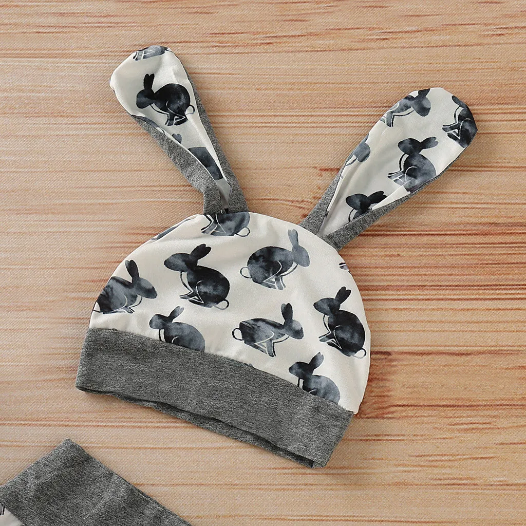 

2021New Baby Baby Girl Stylish Simple Casual Solid Color Short Sleeve Easter Bunny Stitched Long Pants Hat Set