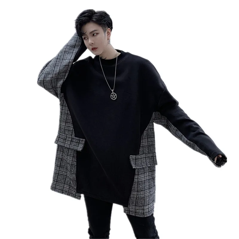 

M-XL!Autumn and winter models personality plaid stitching men's loose plus velvet youth tide boy hip hop thick coat.