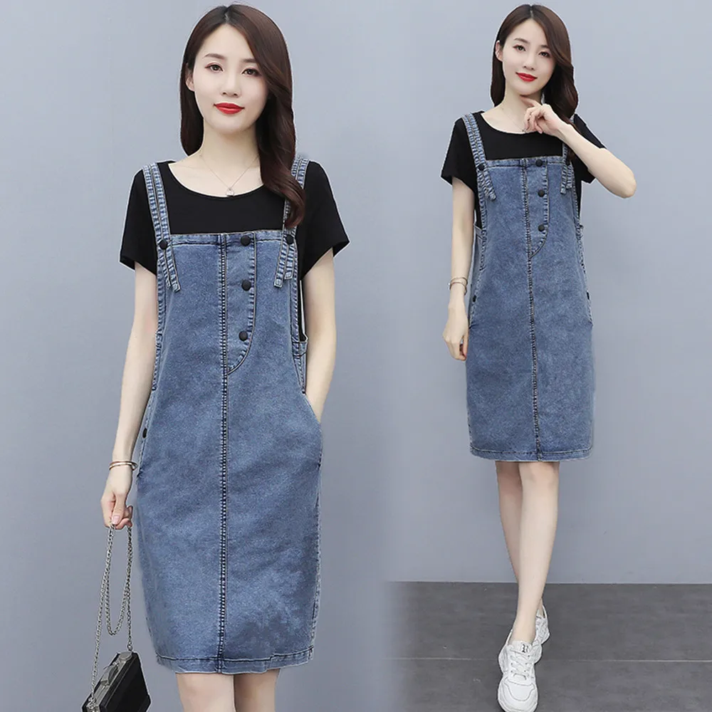 

New Summer Style Women Dresses Cowboy Solid Casual Loose Button Pockets Sleeveless Strap Jeans For Females Vest Denim One-Piece