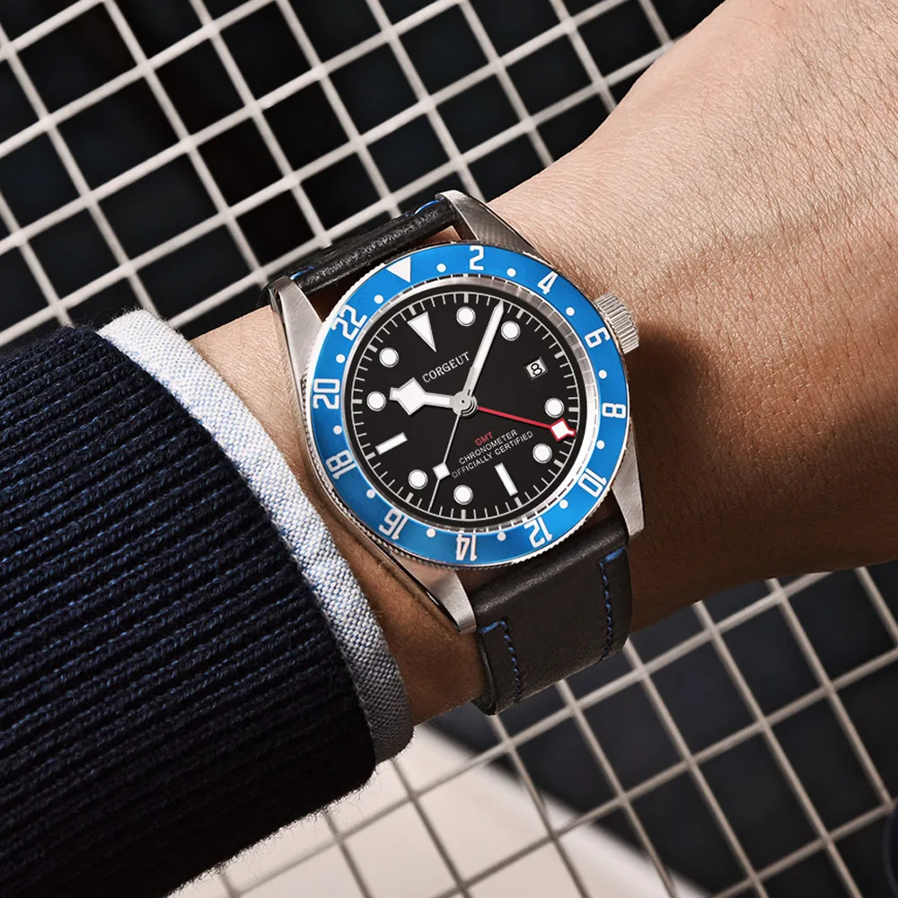 Мужские механические часы Corgeut 41 мм роскошные GMT с автоматическим календарем