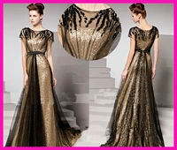 custom made gold sequins beading prom dresses long 2021 black tulle sweep train short sleeves evening gown mermaid vestido de