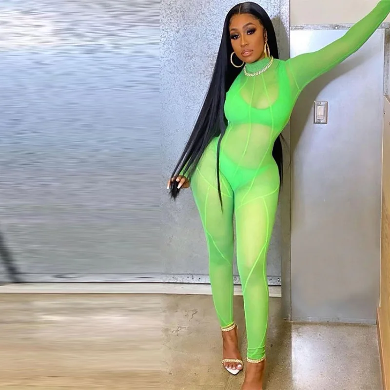 

See Through Women's Solid Mesh Jumpsuits Summer Lady Sexy Nightclub Wear Turtleneck Full Sleeve Bodycon Pencil Rompers