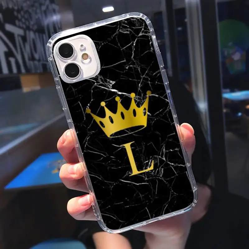 

Letter Black Marble Gold crown Phone Case Transparent for iPhone 11 12 mini pro XS MAX 8 7 6 6S Plus X 5S SE 2020 XR
