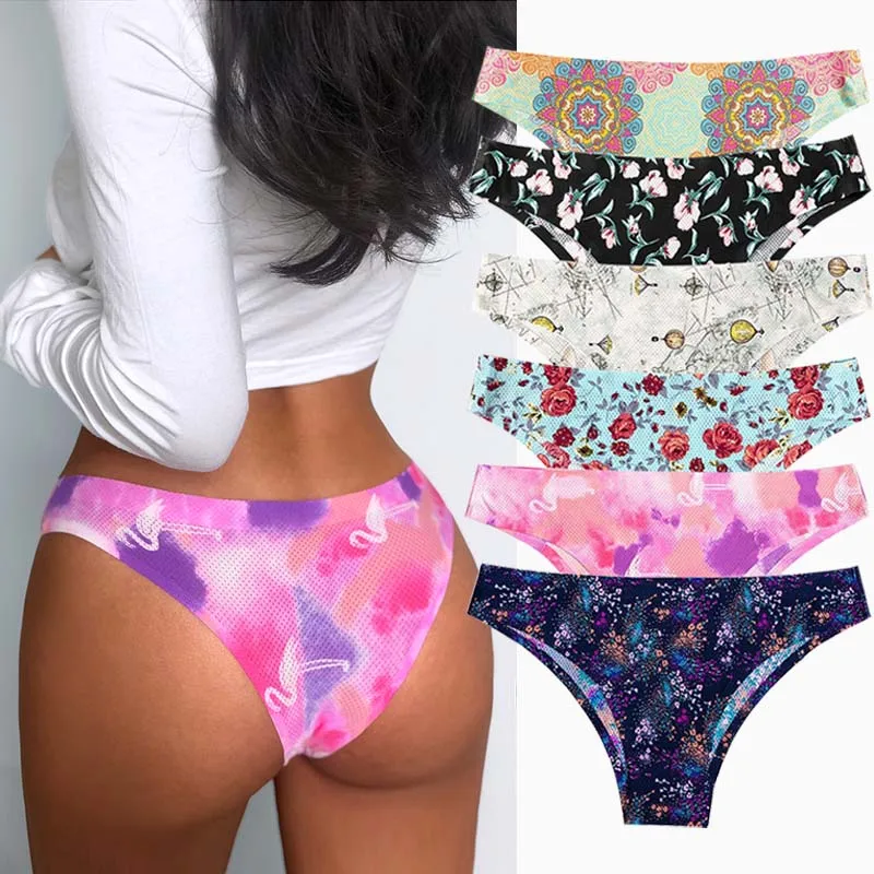 6PCS Thong Women's Panties Low Waist Bikini Ice Silk Seamless Sexy Pants Printed Women's Briefs Cute Lingerie Female Underwear