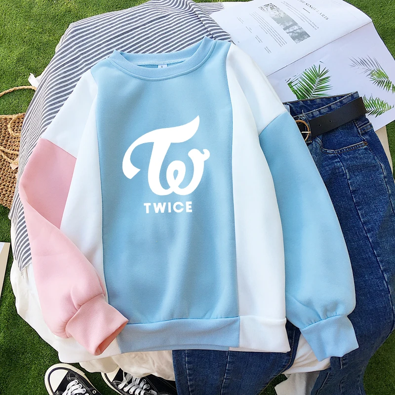 

Kpop Hoodies Women New Korean TWICE Sweatshirt Casual Streetwear Fleece Long Sleeve O-neck Contrast Color Splicing Pullover Tops