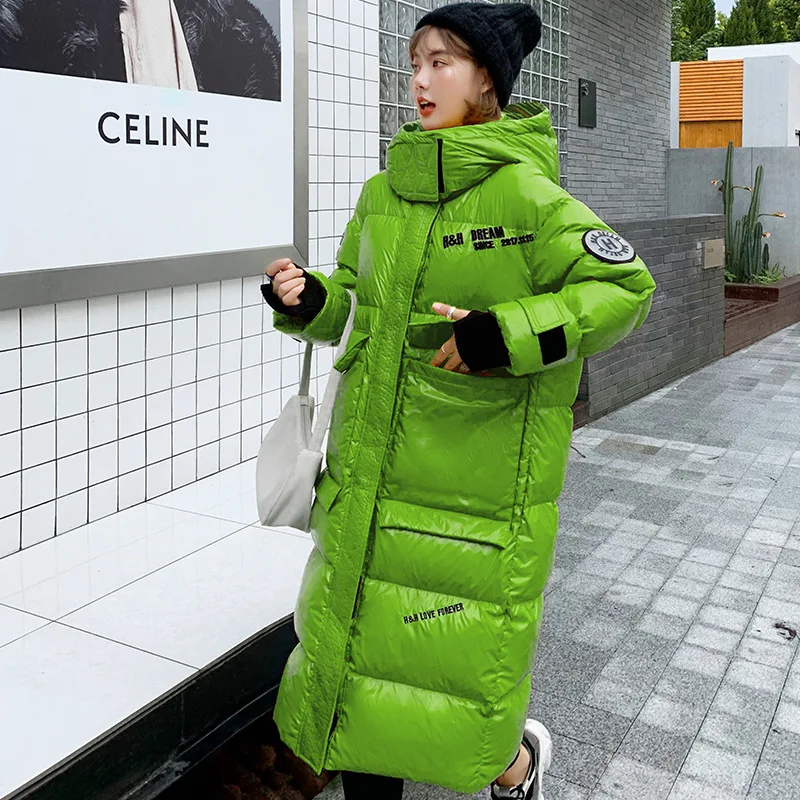 

Women X-Long Winter Jacket Glossy Hooded Windproof Warm BIO Down Coat Oversize Cotton padded Parkas Casaco Feminino