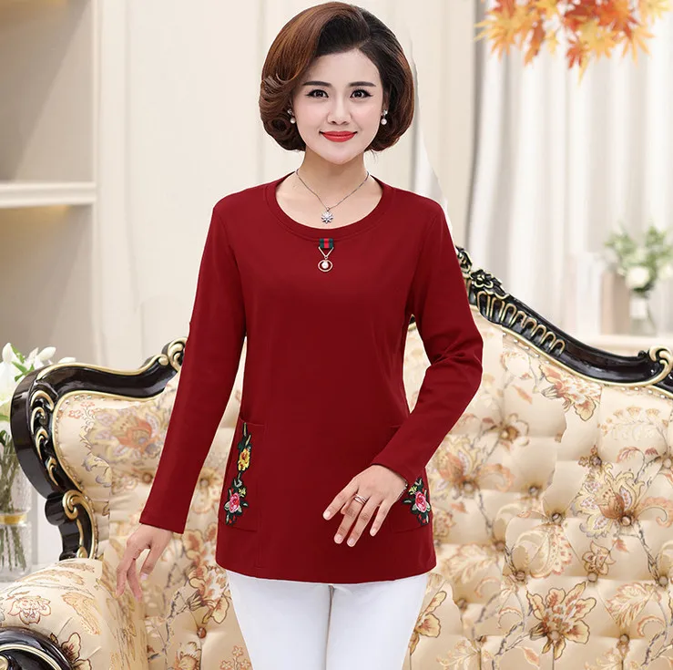 warm tops fall winter women thick long sleeves t-shirts velvet jersey plus size middle age mother shirt pulloves bottoming shirt - Цвет: wine red 1166