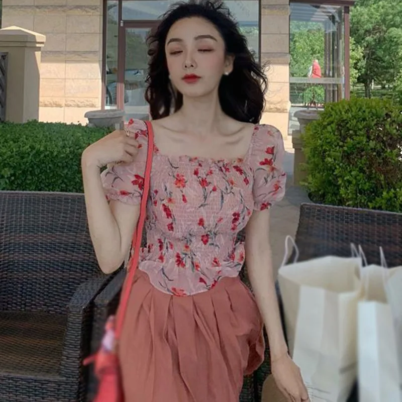 

Summer Slash Neck BlousesWomen Short Sleeve Pleated Blouse Floral Print Chiffon Shirt Slim Tops