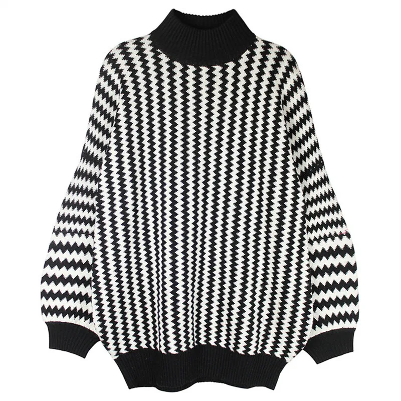 Женский свитер с длинным рукавом черный и белый пуловер в полоску вязаный