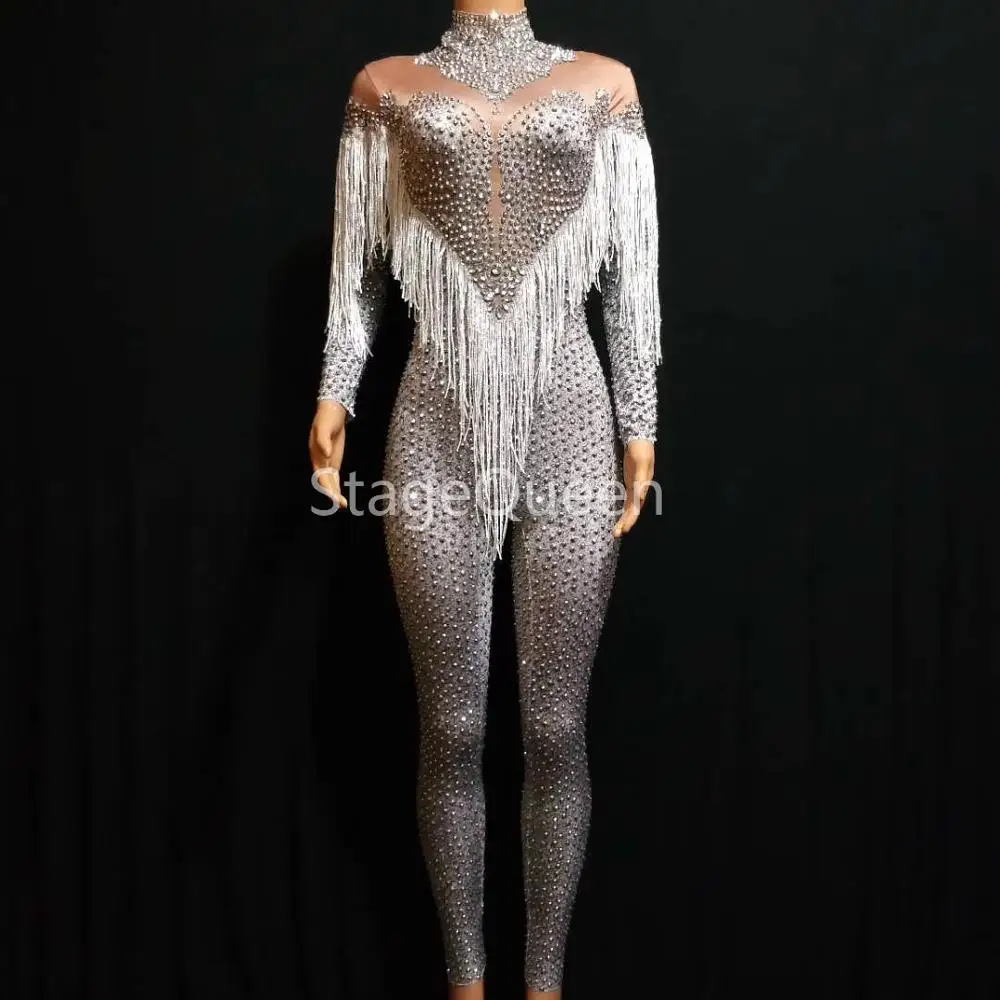 AB Rhinestones Nude Jumpsuit Long Sleeves Stones Bodysuit Performance Party Luxurious Sexy Dance Costume Nightclub Outfits