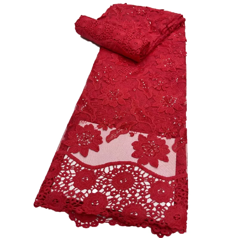 

Красная африканская кружевная ткань с блестками, французская Тюлевая Кружевная Ткань 5 ярдов, Высококачественная вышивка, нигерийская круж...