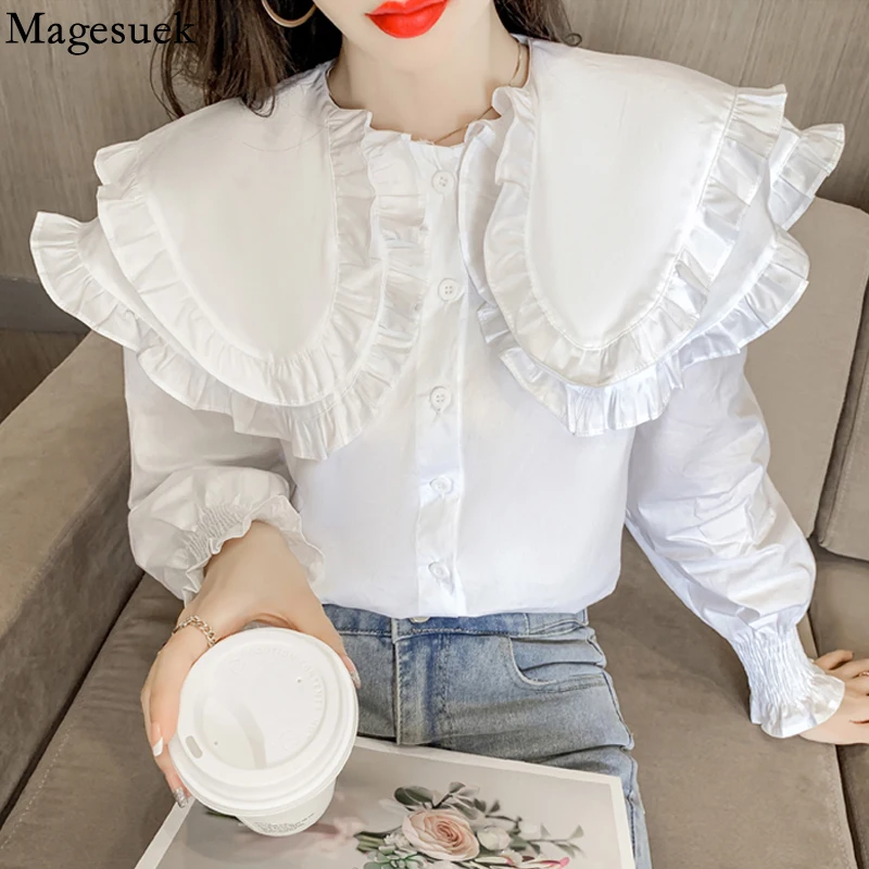 

Fashion Big Lapel Korean Style White Blouse Women Sweet Double Layer Ruffles Vintage Loose Shirt Button Long Sleeve Tops 16966