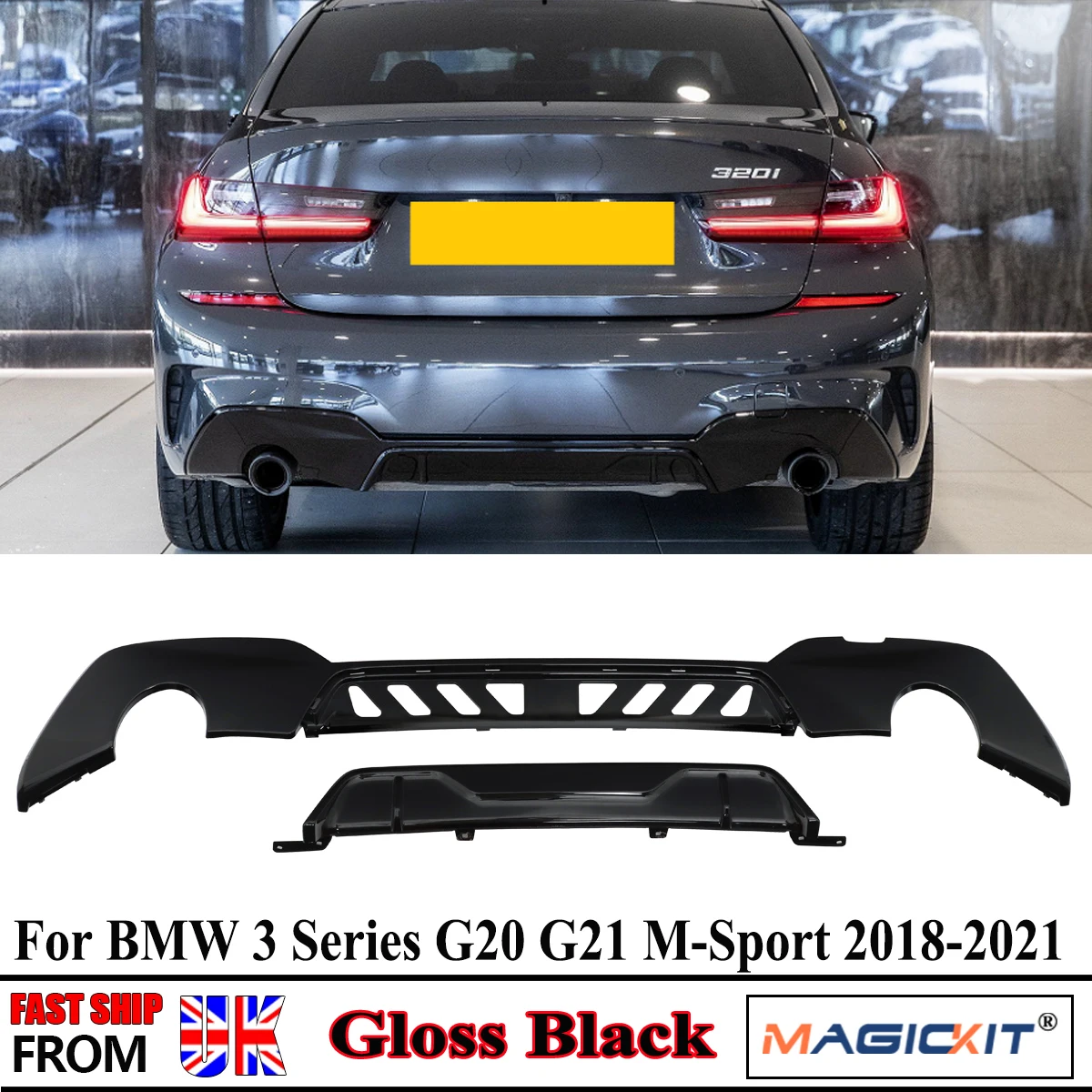 Диффузор для заднего бампера MagicKit черный блеск губ BMW G20 G28 M Sport 2019 2020|Амортизаторы|