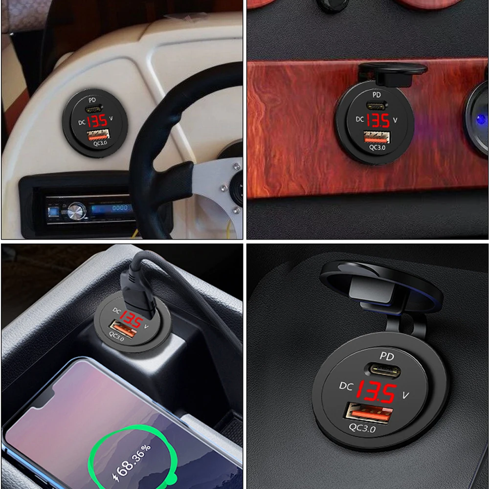 12V-24V Car Cigarette Lighter Motorcycle Dual USB Charger PD Quick Charge Chargers Socket Adapter With LED Voltmeter And Cable | Автомобили