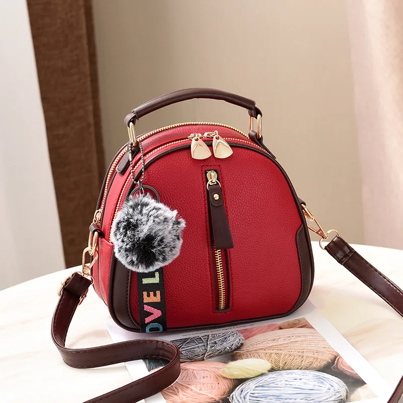 

Fashion Solid Color Women Shell Bag Portable Shoulder Bag Fashion PU Leather Elegant Female Bag With Gray Hair Ball