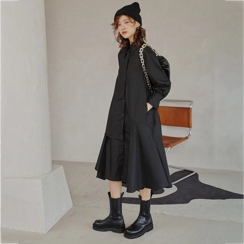 

Women Black Back Long Irreuglar Big Size Dress New Lapel Long Sleeve Loose Fit Fashion Spring Autumn 2021 1dc860