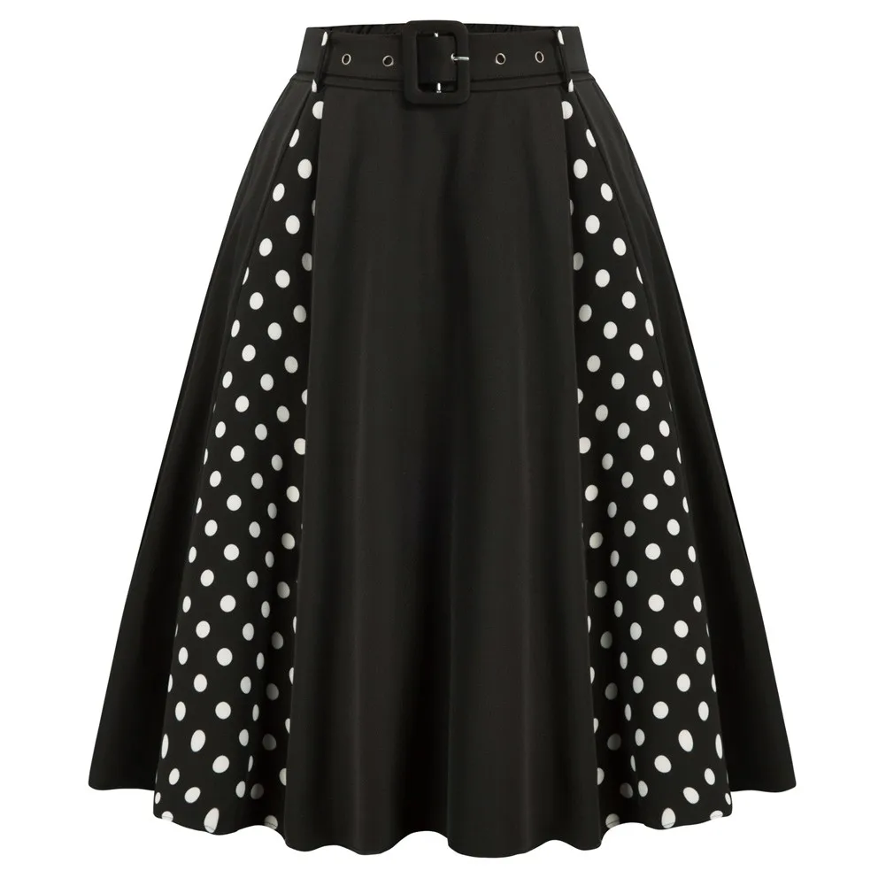 

Women Contrast Color Swing Skirt With Belt Below Knee Flared A-Line Skirt Print Workwear Dot Pattern High Waist Casual Skirts