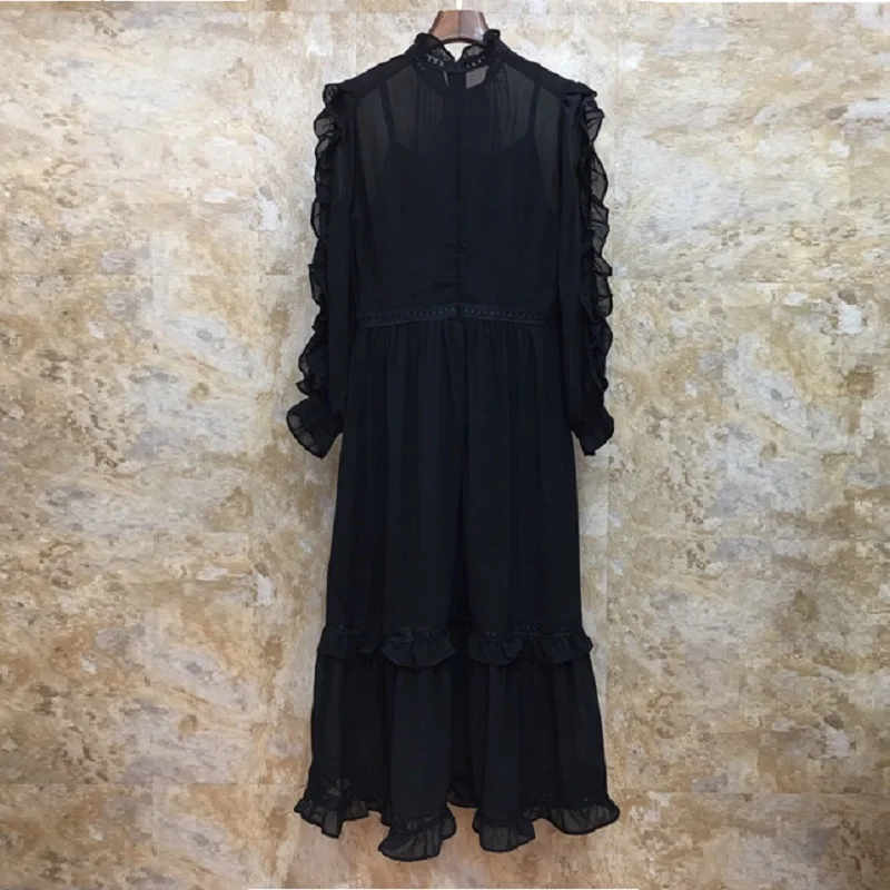 

Quality Designer Top Party Evening Vestidos Women Ruffled Collar Hollow Out Lace Embroidery Elegant White Black Luxury Dress