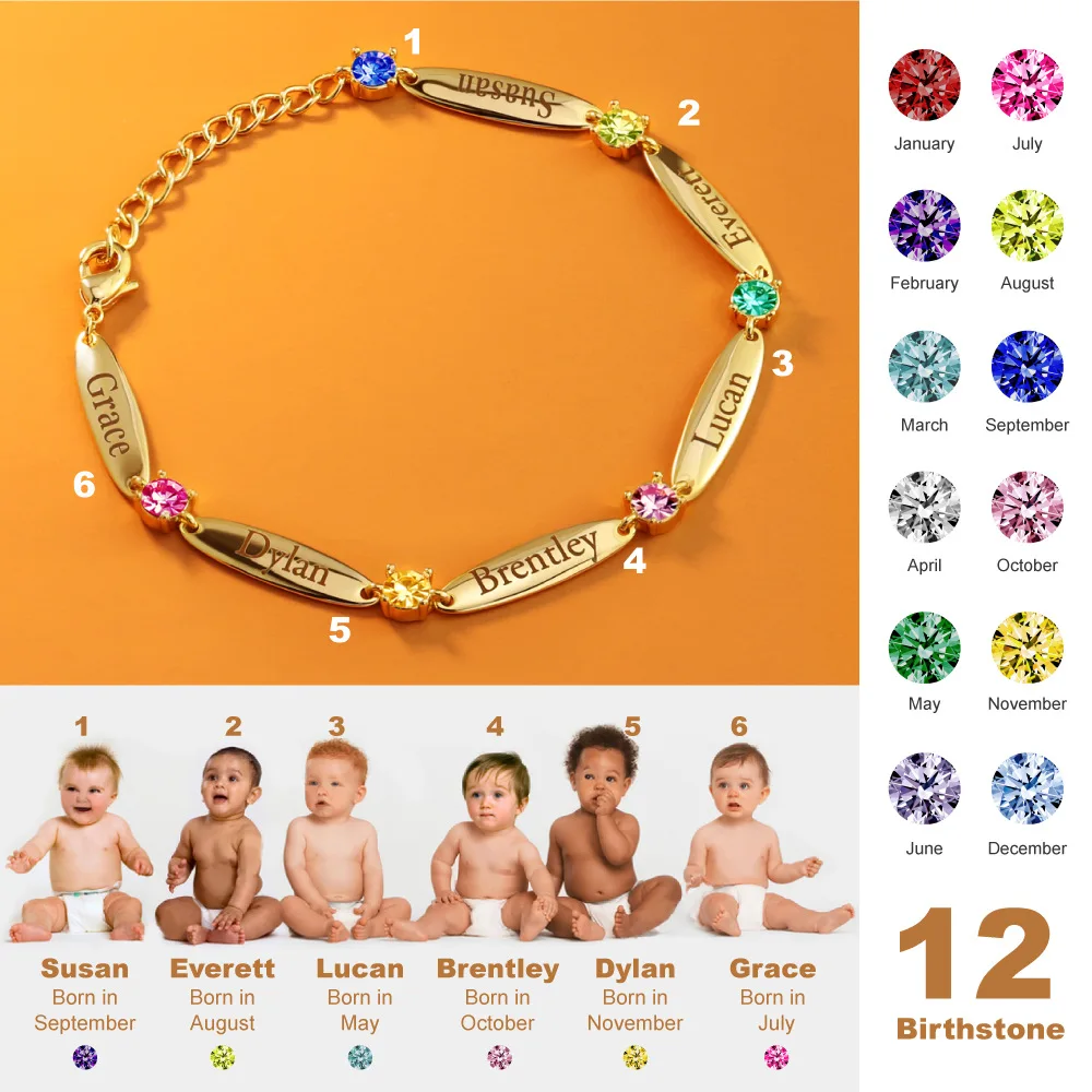 

1 to 6 Child's with Birthstone Personalized Custom Charm Engraved Name Bracelet Family DIY Birthstone Bangle Jewelry Gift LP4F-4